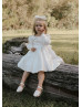 Long Sleeves Ivory Satin V Back Flower Girl Dress